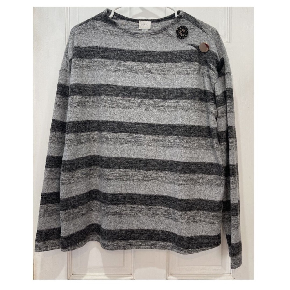 Cupio Gray Striped Long Sleeve Sweater with Decorative Faux Buttons Size Large